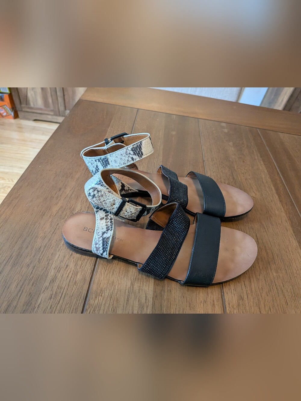 BCBGeneration Whims Snakeprint Rhinestone Strappy Flat Sandals 7 Summer Travel